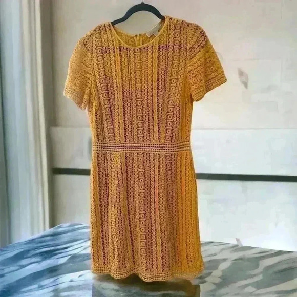 173.Michael Kors Womens A Line Crochet Dress Orange Midi Short Sleeve Under Slip - Picture 1 of 6